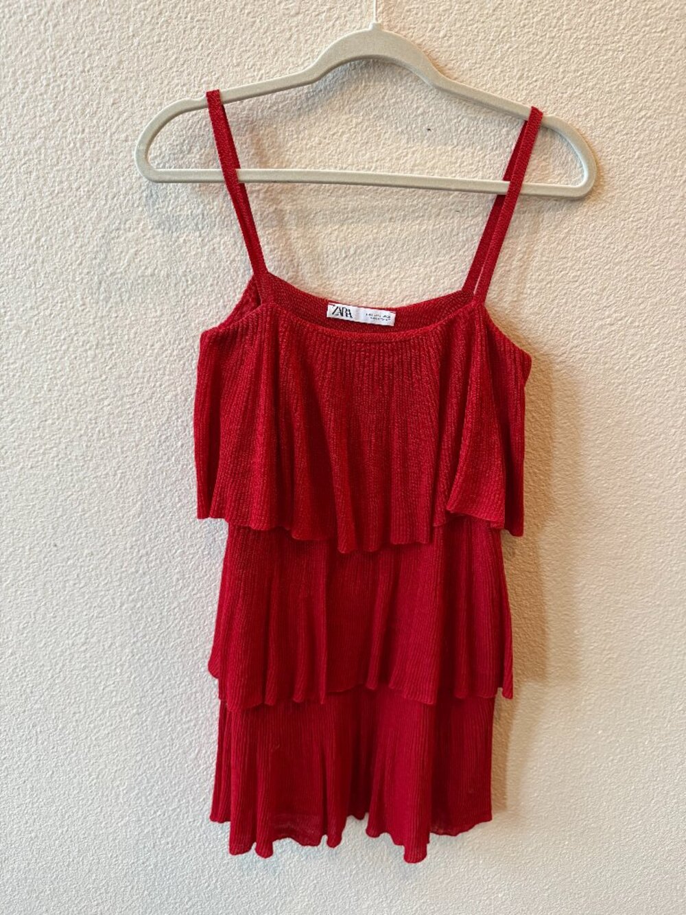 Zara Red Ribbed Knit Tiered Ruffle Cami Tank Top Small
